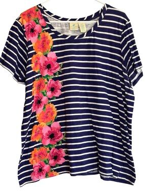 Caribbean Joe 2X Navy Stripe Floral Panel Tee Cotton Top